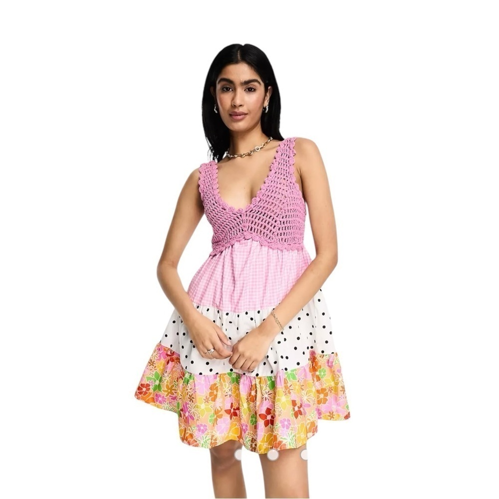 ASOS Design Pink White Polka Dot Floral Dress 8 Tall